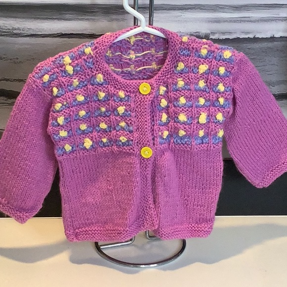 Handmade Other - Hand Knit Crocheted Pink Purple Girl’s Baby Cardigan Sweater Size 12- 18 Months
